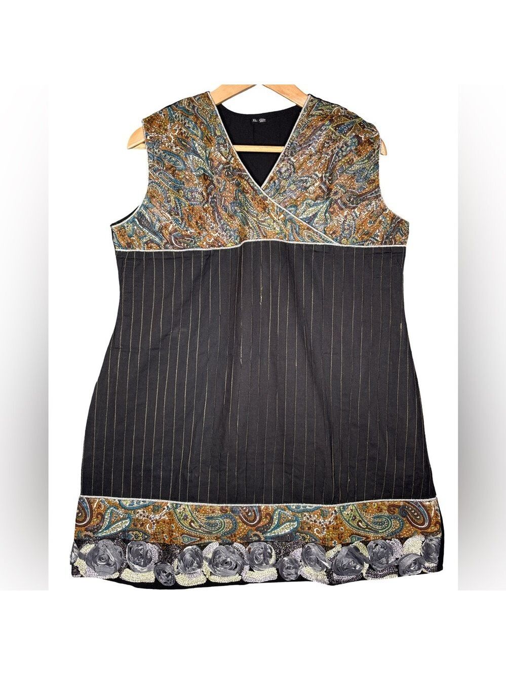 Black Paisley Mini Dress V-Neck Sleeveless Large